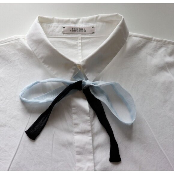 Dorothee Schumacher Womens 4 Large US8 White Blue Blouse Colorblock Silk Tie Top - Picture 2 of 9